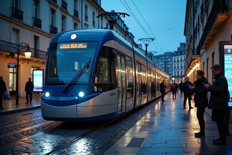 Tram de nuit à Bordeaux avec passagers sur le quai et panneaux d'horaires illuminés