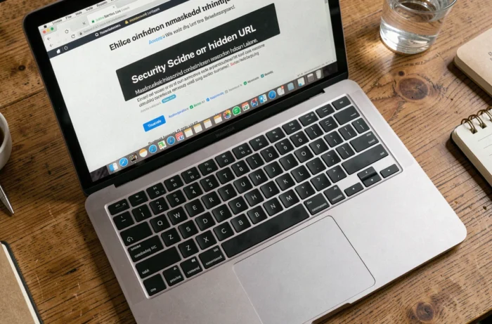 Gros plan d'un ordinateur portable affichant un message de navigation sécurisée avec URL masquée dans un café