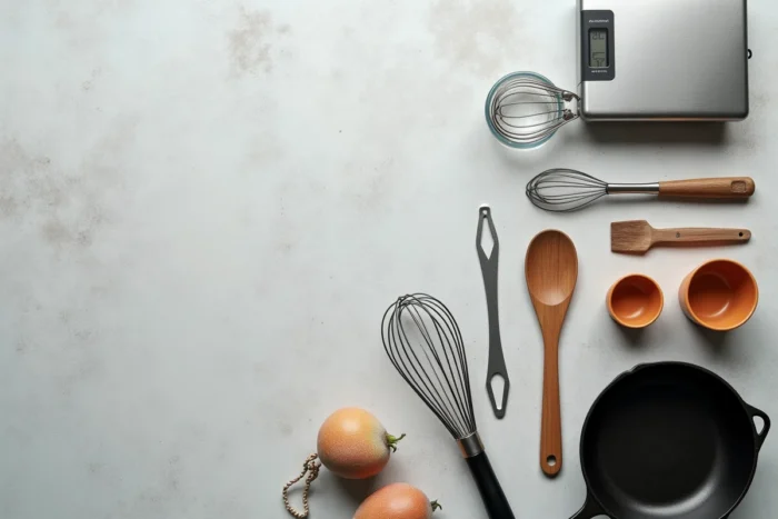 Vue de dessus des ustensiles de cuisine essentiels disposés sur un plan de travail en béton gris