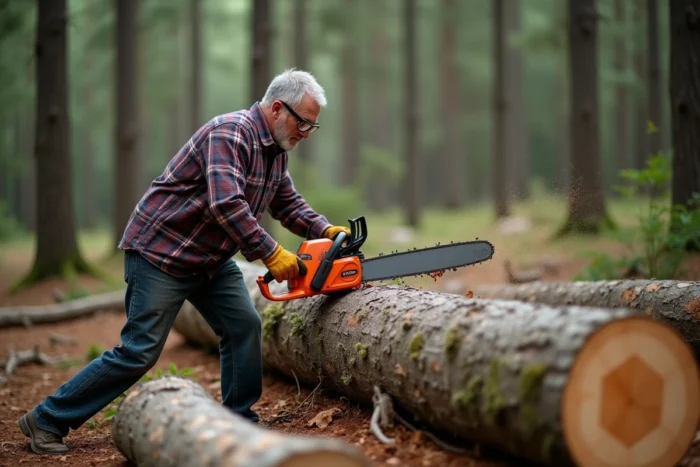 Homme en train de couper une bûche de bouleau avec une tronçonneuse sans fil dans une clairière forestière, équipé de lunettes de protection et de gants de travail