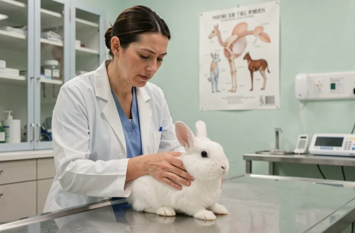 Vétérinaire examinant un lapin blanc dans une clinique moderne, actualités et conseils santé pour animaux de compagnie