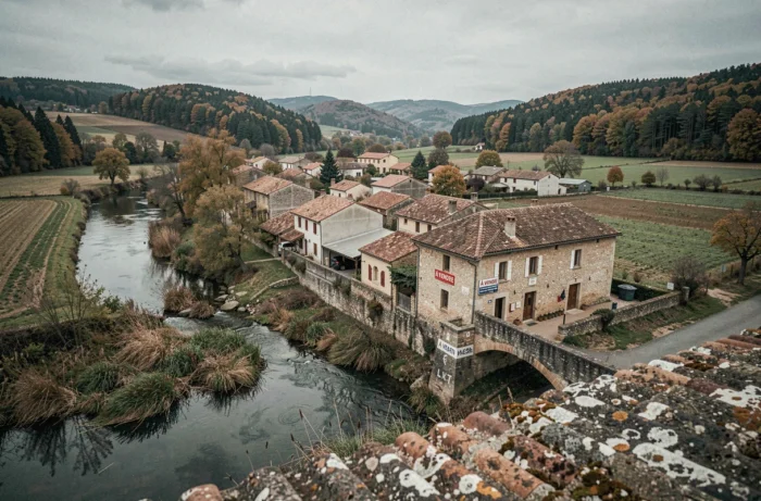 Village français en zone inondable avec panneau immobilier à vendre et repères de crue sur un pont