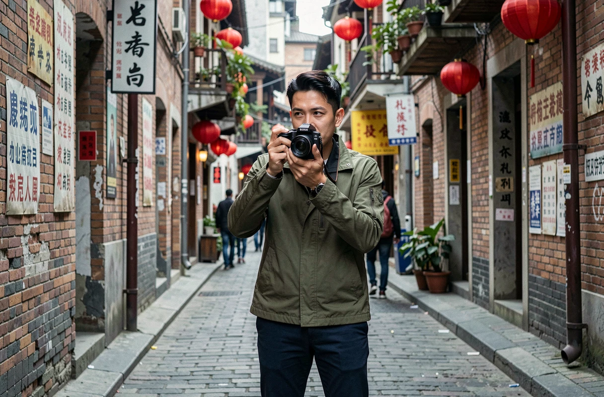 Voyageur photographiant une ruelle historique animée dans une ville asiatique authentique