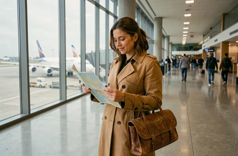 Voyageuse consultant une carte dans un terminal d'aéroport international moderne en 2024