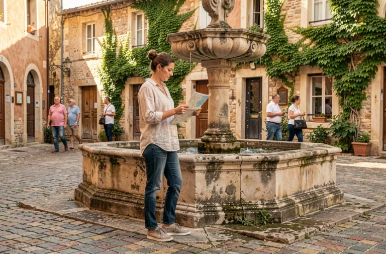 Une voyageuse consulte une carte devant une fontaine en pierre dans un village provençal typique de France