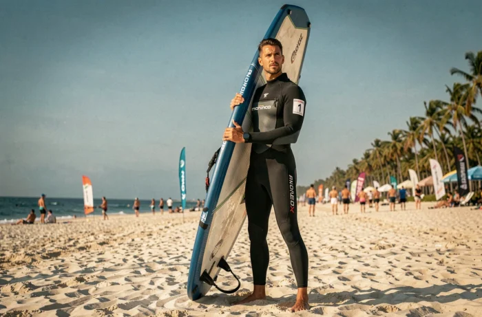 Windsurfer professionnel en combinaison de compétition sur une plage de sable blanc, portrait éditorial avec planche de windsurf